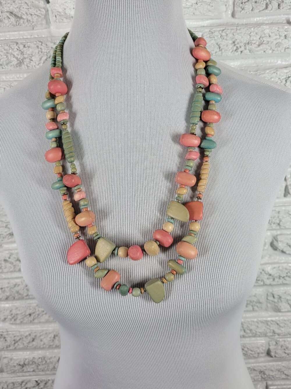 Multi-Strand Boho Wood Bead Necklace Pastel Pink Teal Chunky Statement N8E